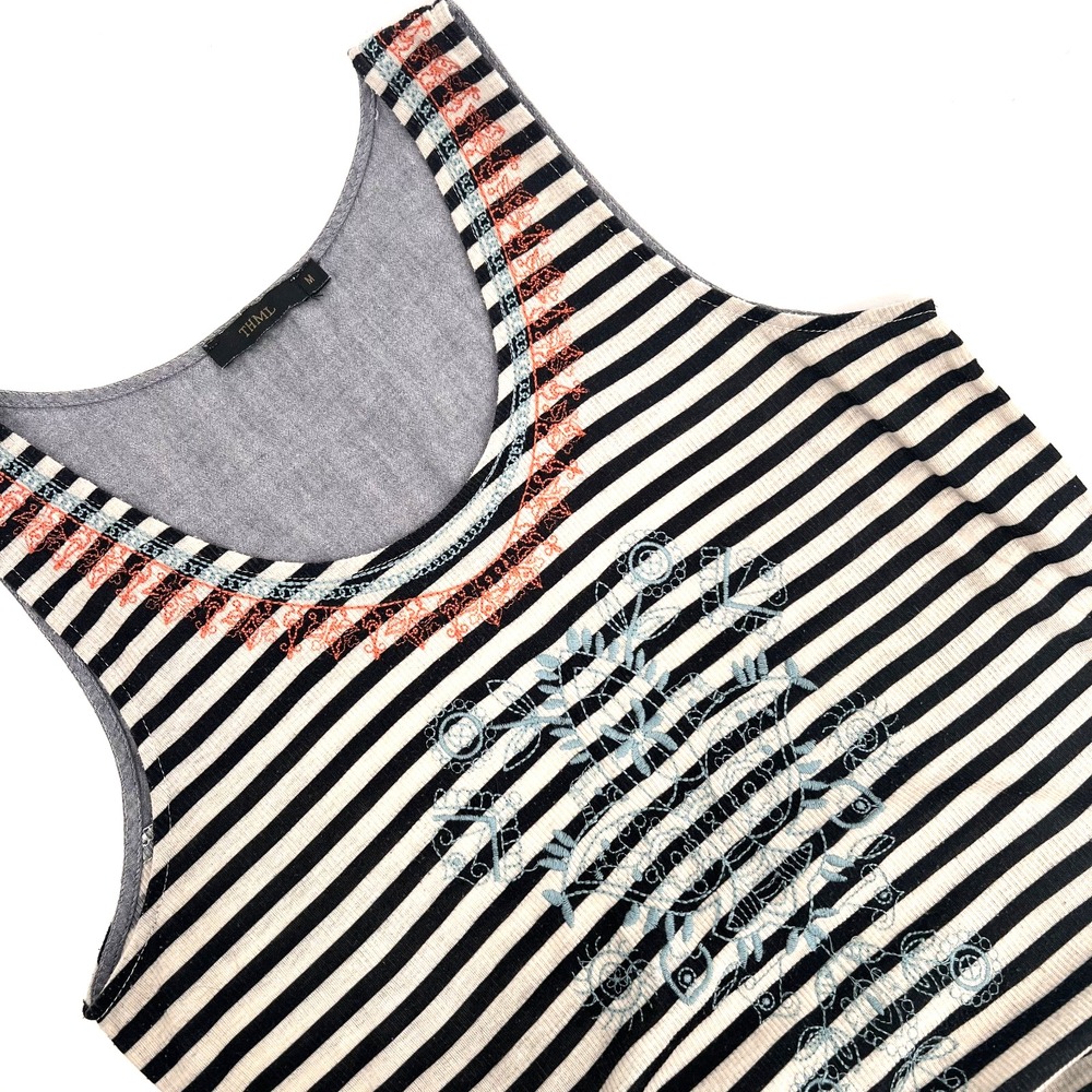 THML Women's Size Medium Striped Embroidered Chambray/Knit Sleeveless Tank Top